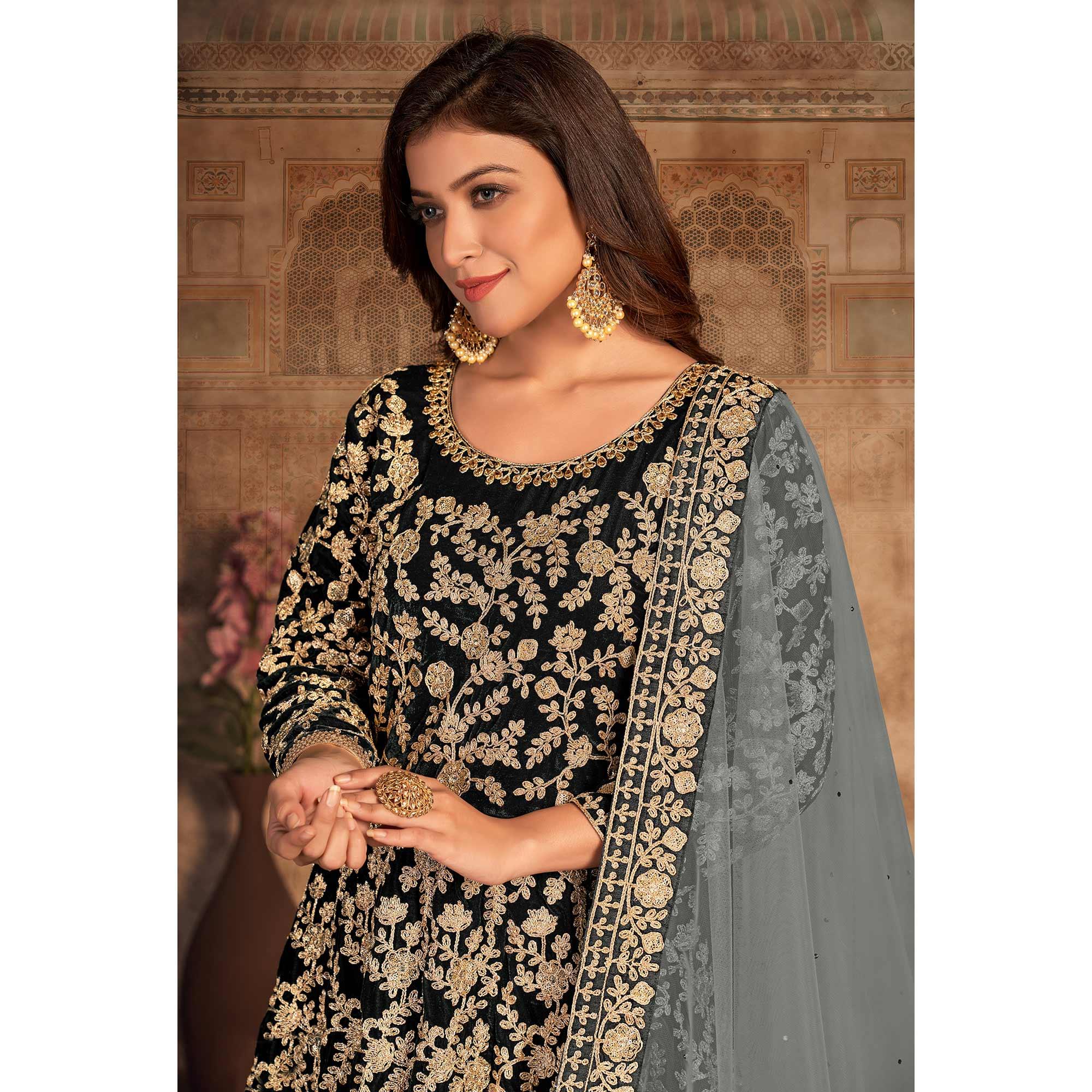 Black Floral Embroidered Velvet Partywear Gown - Peachmode