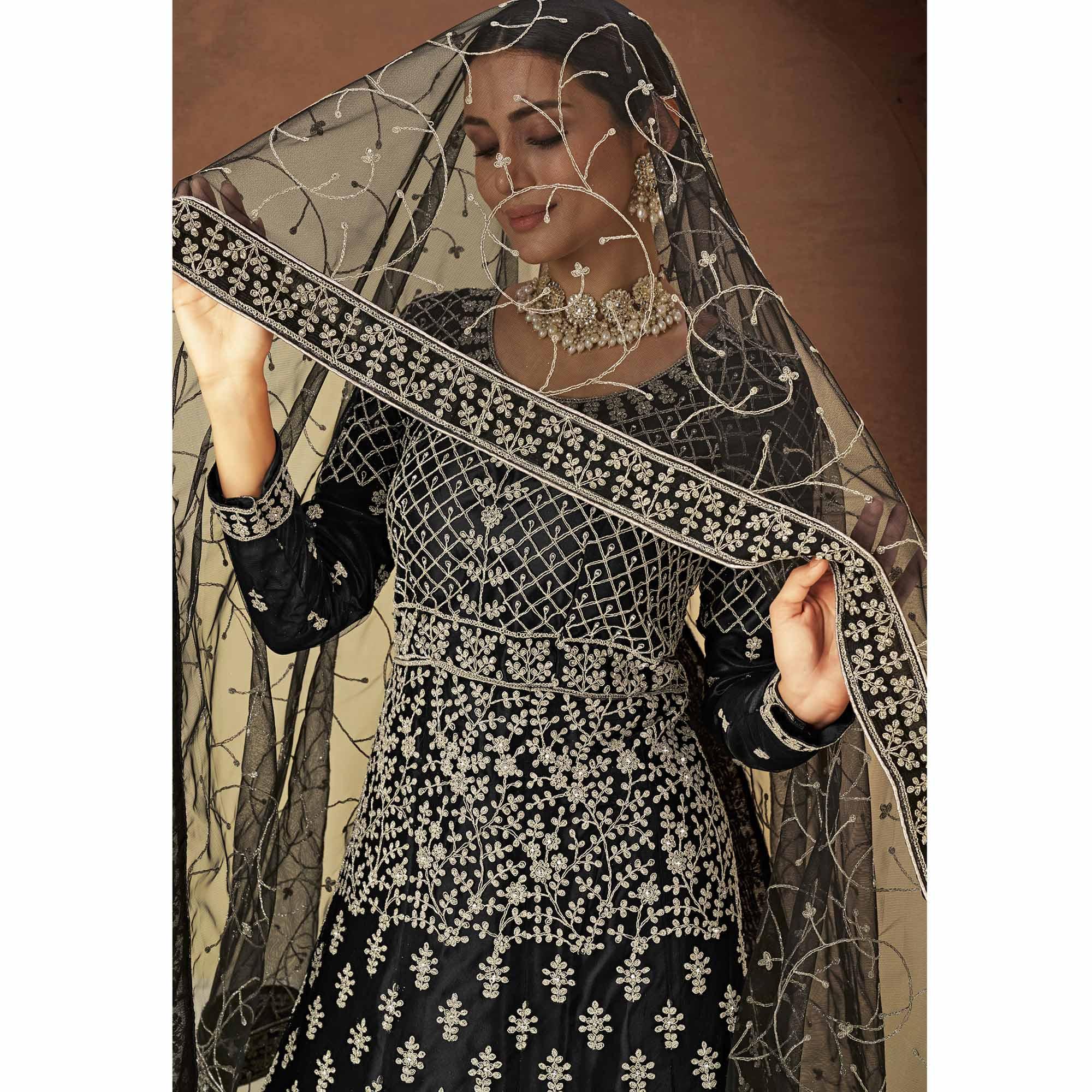 Black Floral Embroidered With Diamond Work Net Gown - Peachmode