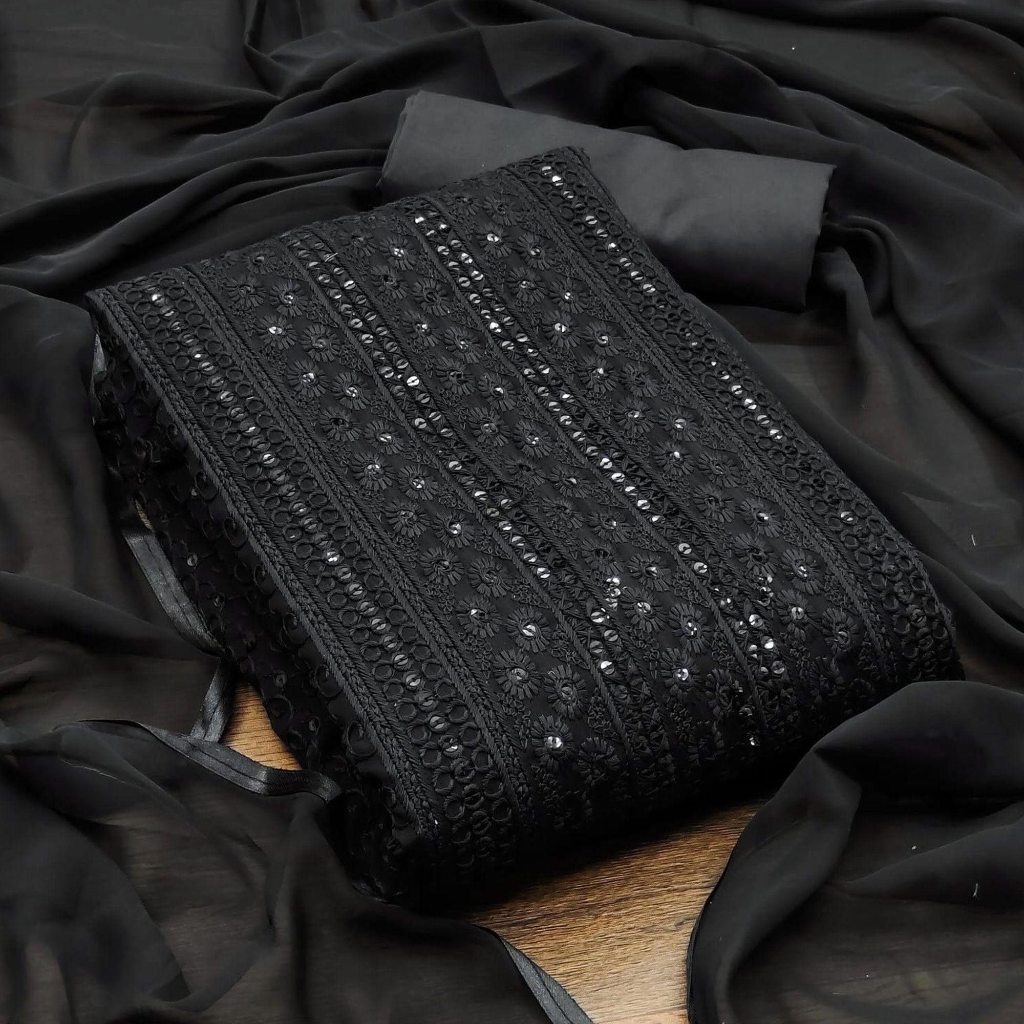 Black Floral Embroidered With Sequence Georgette Dress Material - Peachmode