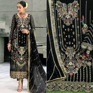 Black Floral Embroidered With Sequence Georgette Pakistani Suit - Peachmode