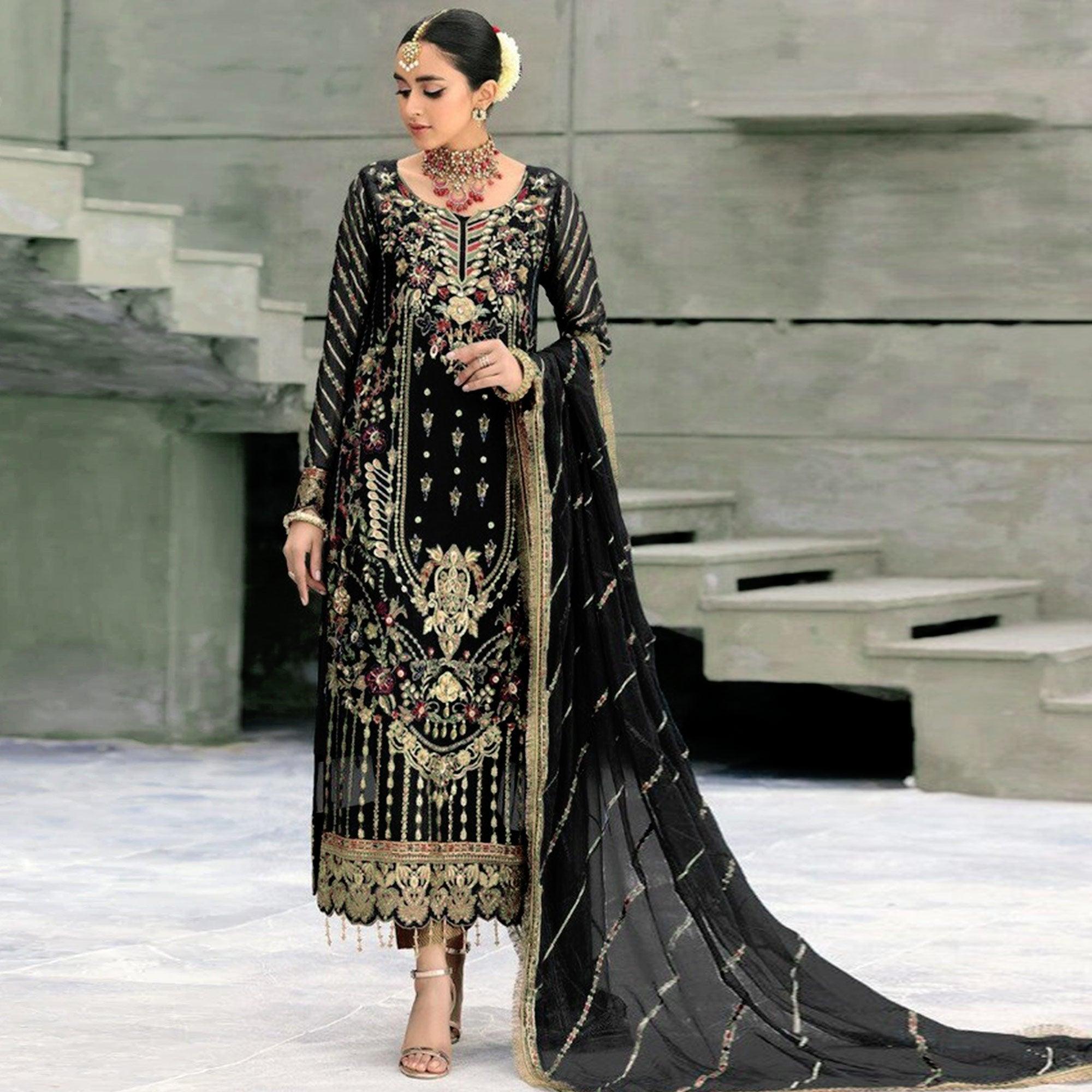 Black Floral Embroidered With Sequence Georgette Pakistani Suit - Peachmode