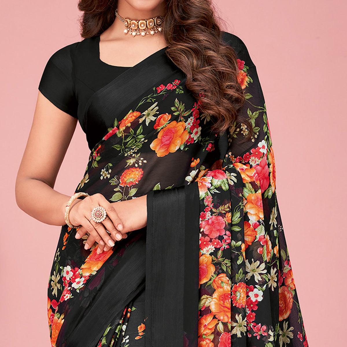 Black Floral Printed Chiffon Saree - Peachmode