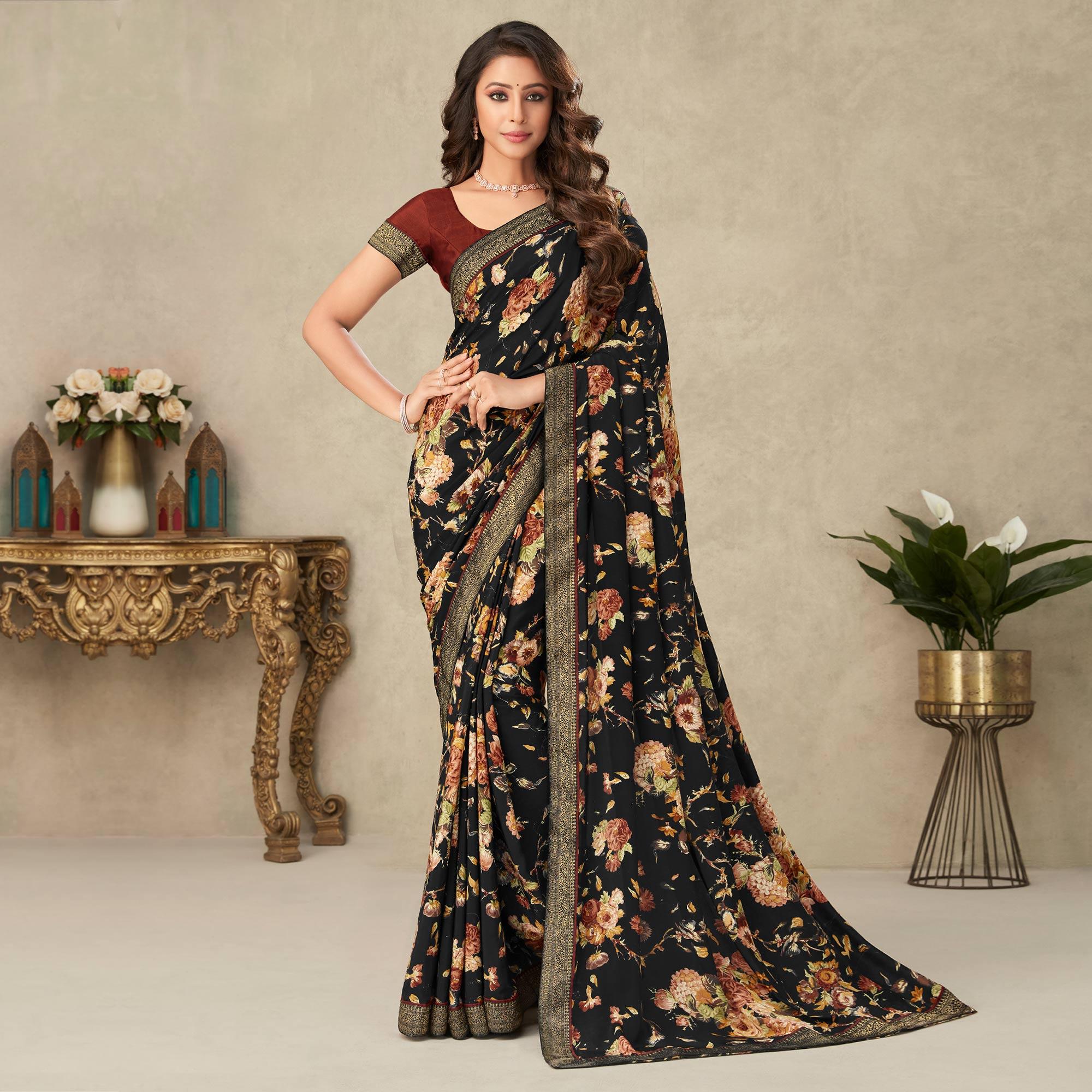 Black Floral Printed Crepe Saree - Peachmode