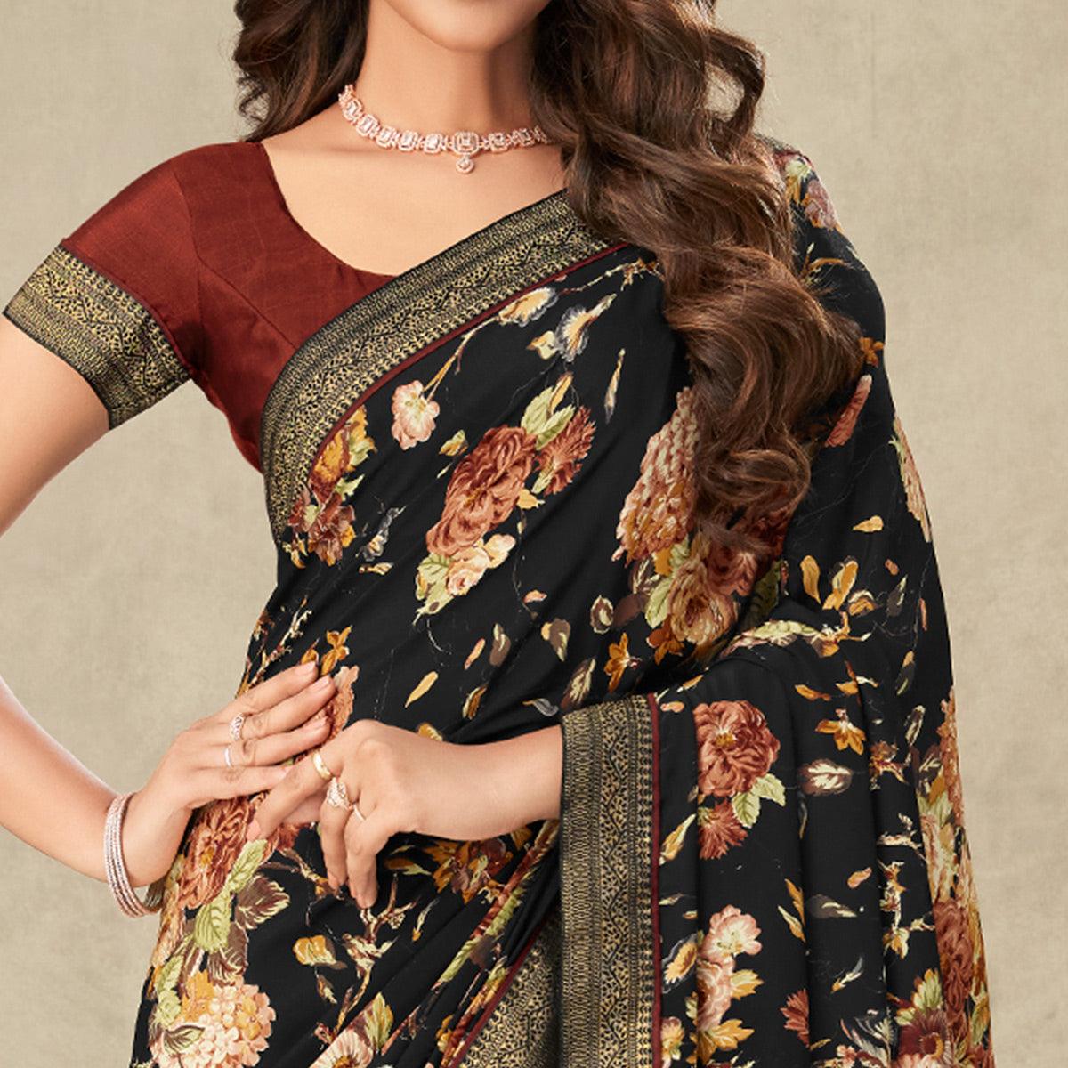 Black Floral Printed Crepe Saree - Peachmode