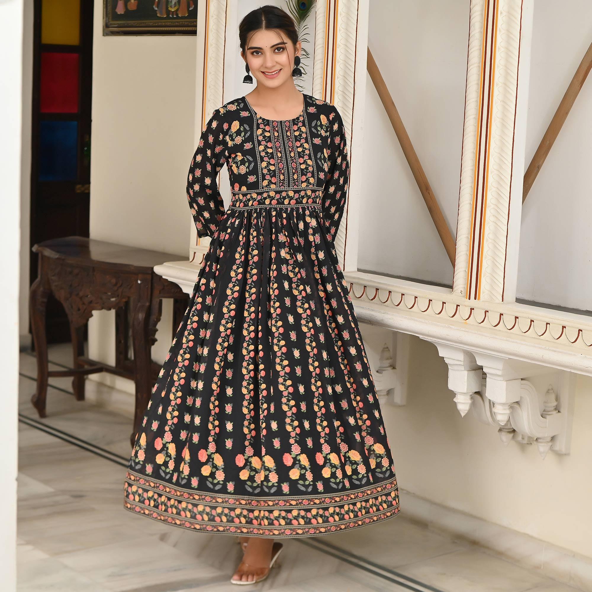 Black Floral Printed Georgette Gown - Peachmode