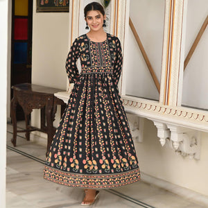 Black Floral Printed Georgette Gown - Peachmode