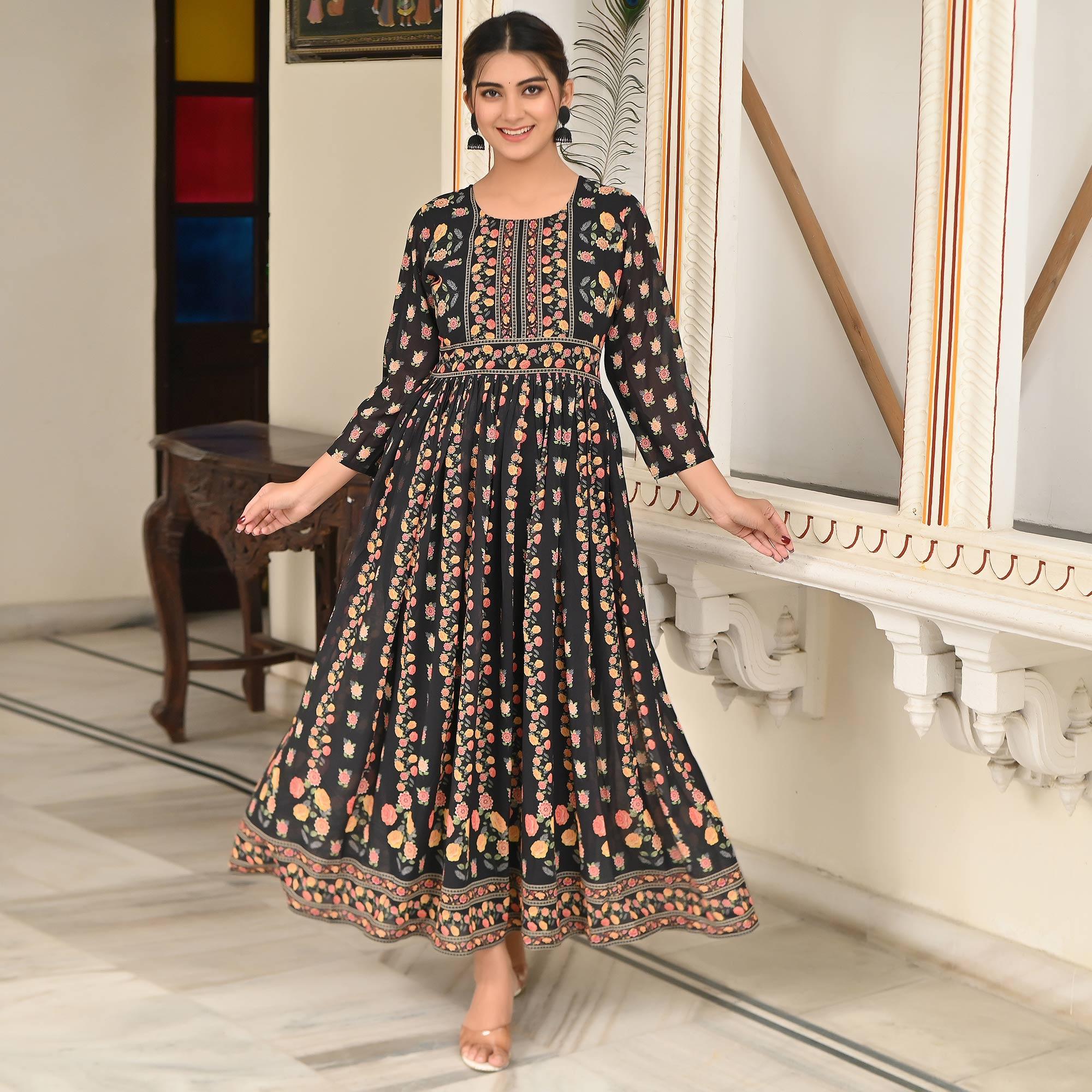 Black Floral Printed Georgette Gown - Peachmode