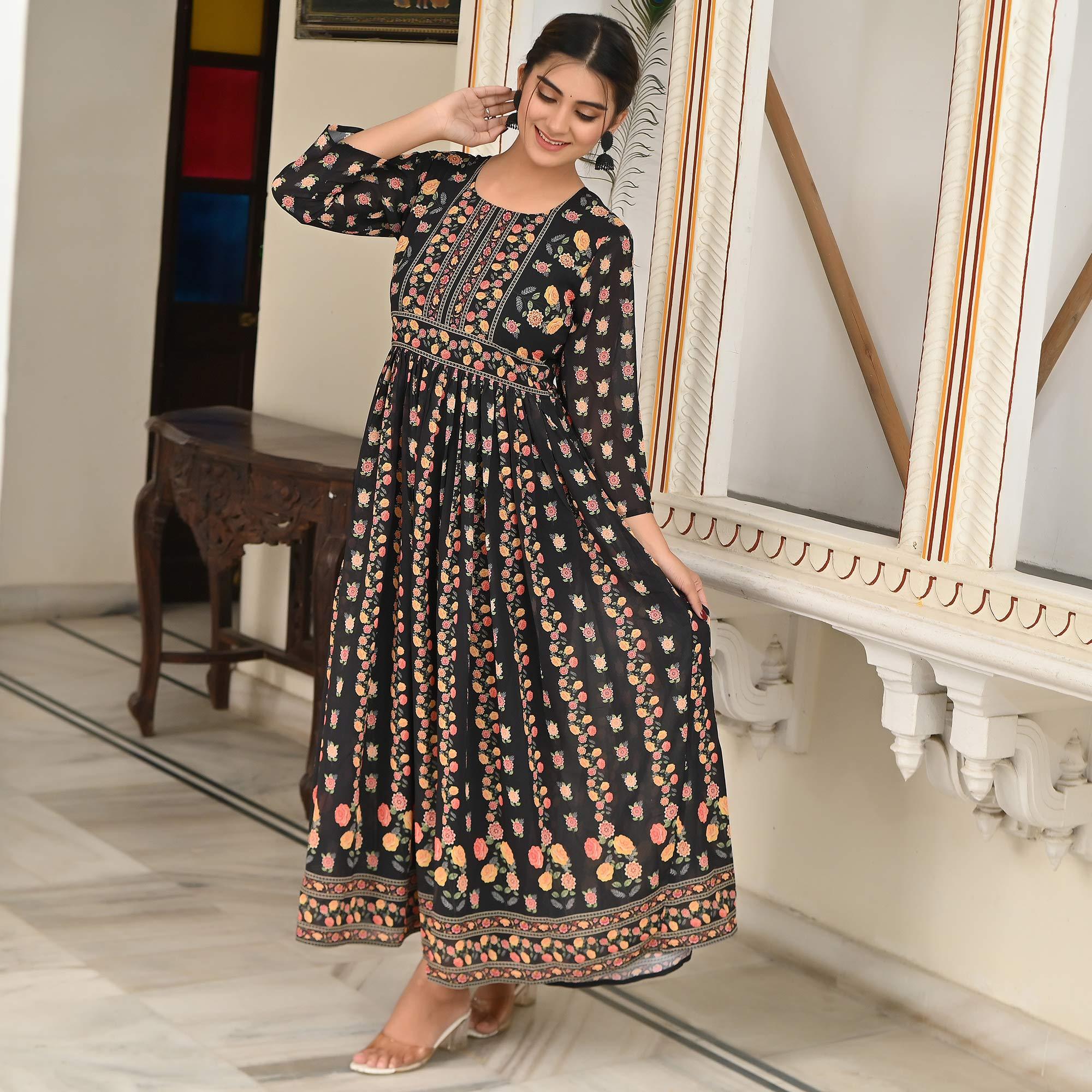 Black Floral Printed Georgette Gown - Peachmode