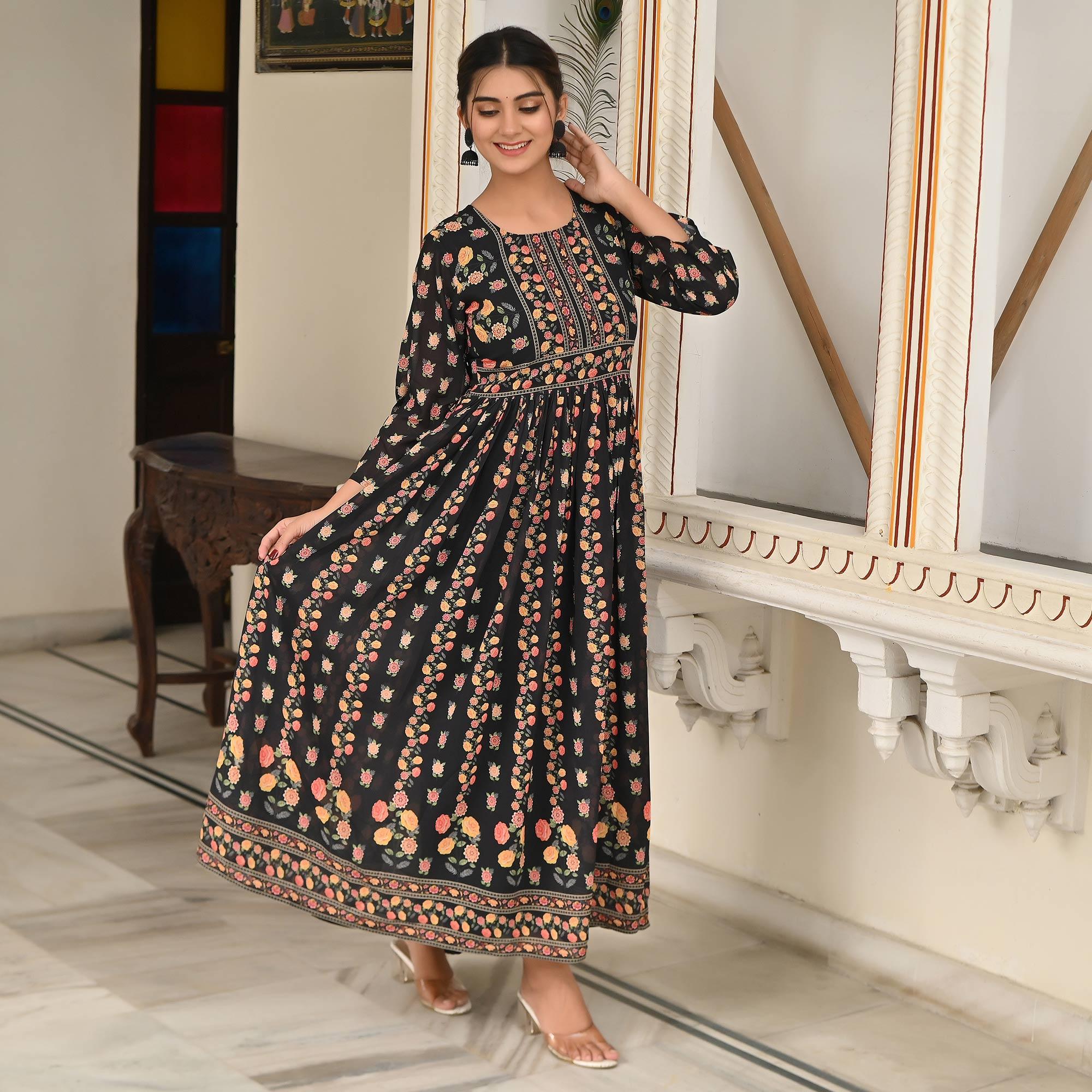 Black Floral Printed Georgette Gown - Peachmode