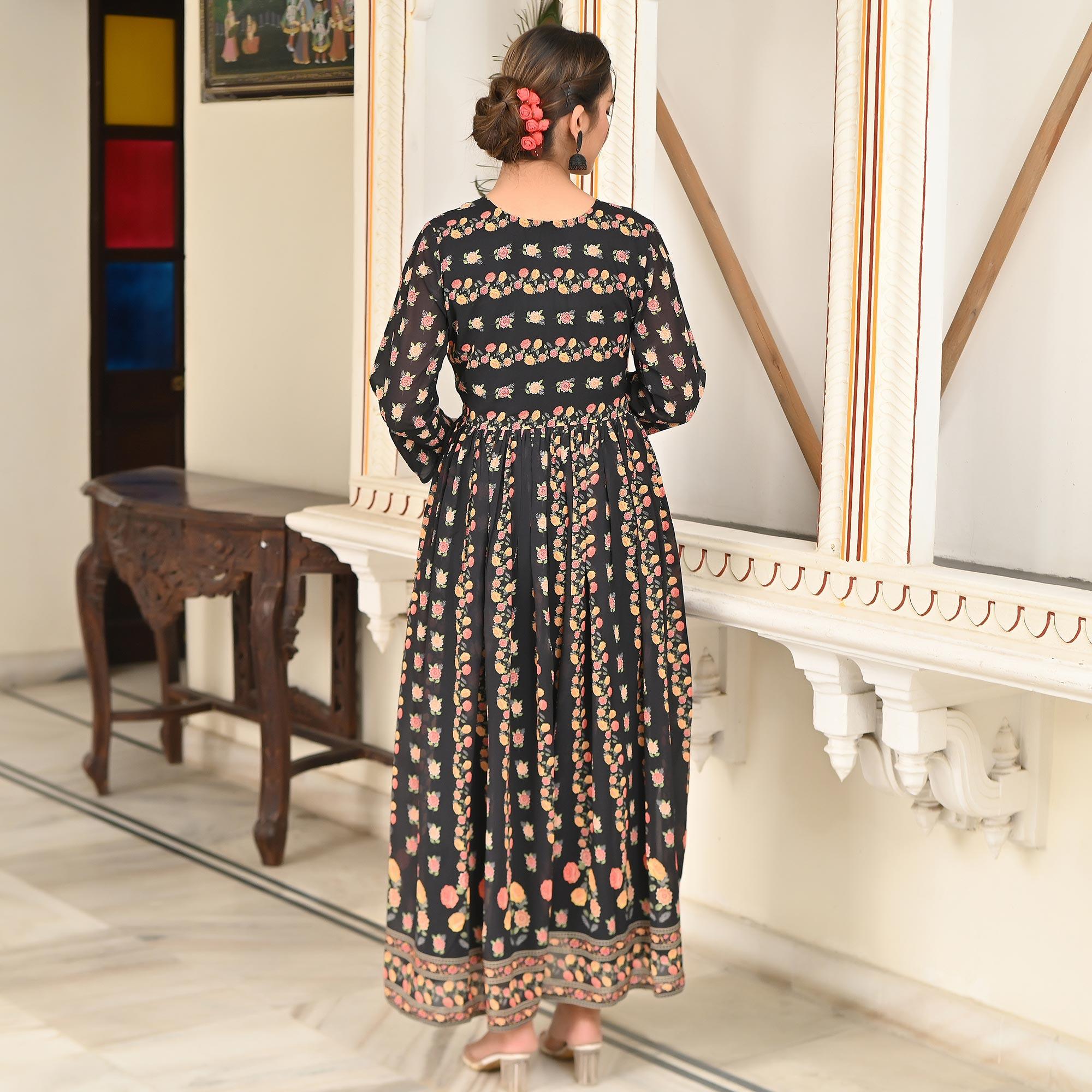 Black Floral Printed Georgette Gown - Peachmode