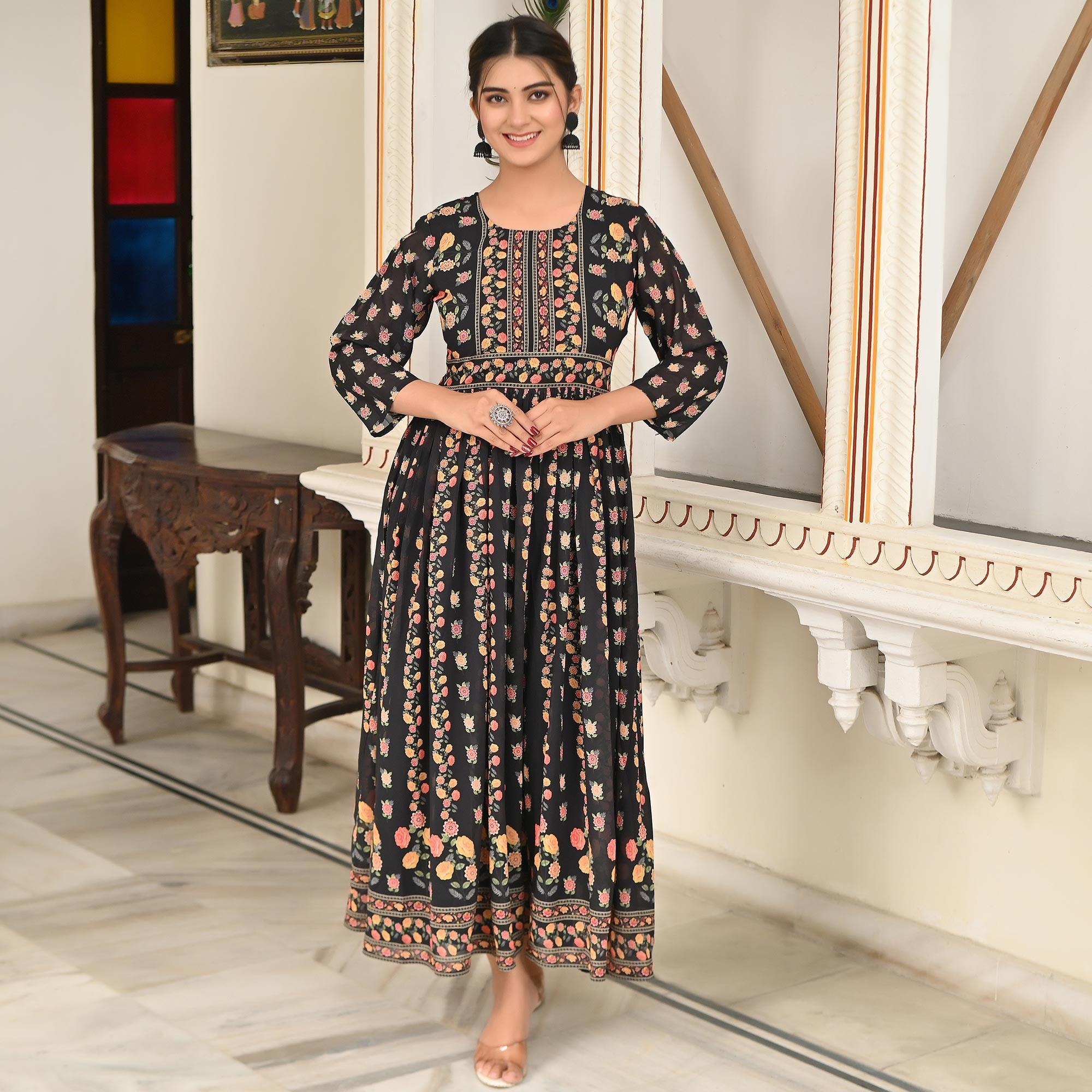 Black Floral Printed Georgette Gown - Peachmode