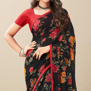 Black Floral Printed Georgette Saree - Peachmode