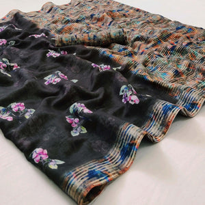 Black Floral Printed Linen Saree - Peachmode