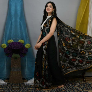 Black Floral Printed Linen Saree - Peachmode