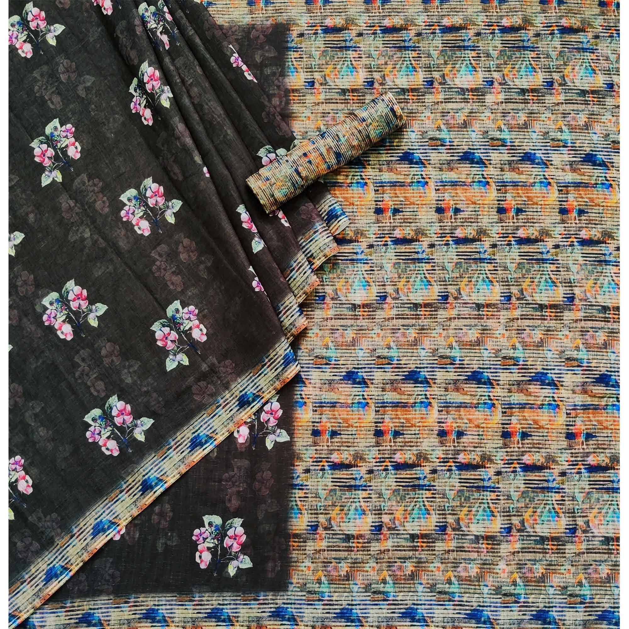 Black Floral Printed Linen Saree - Peachmode