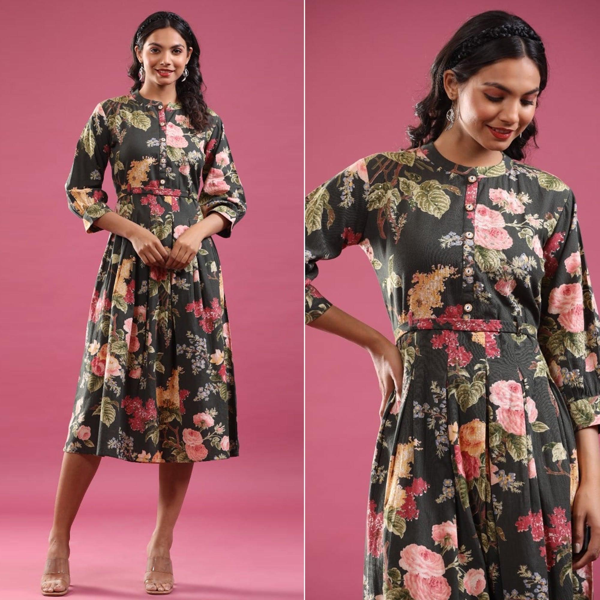 Black Floral Printed Cotton Blend Dress