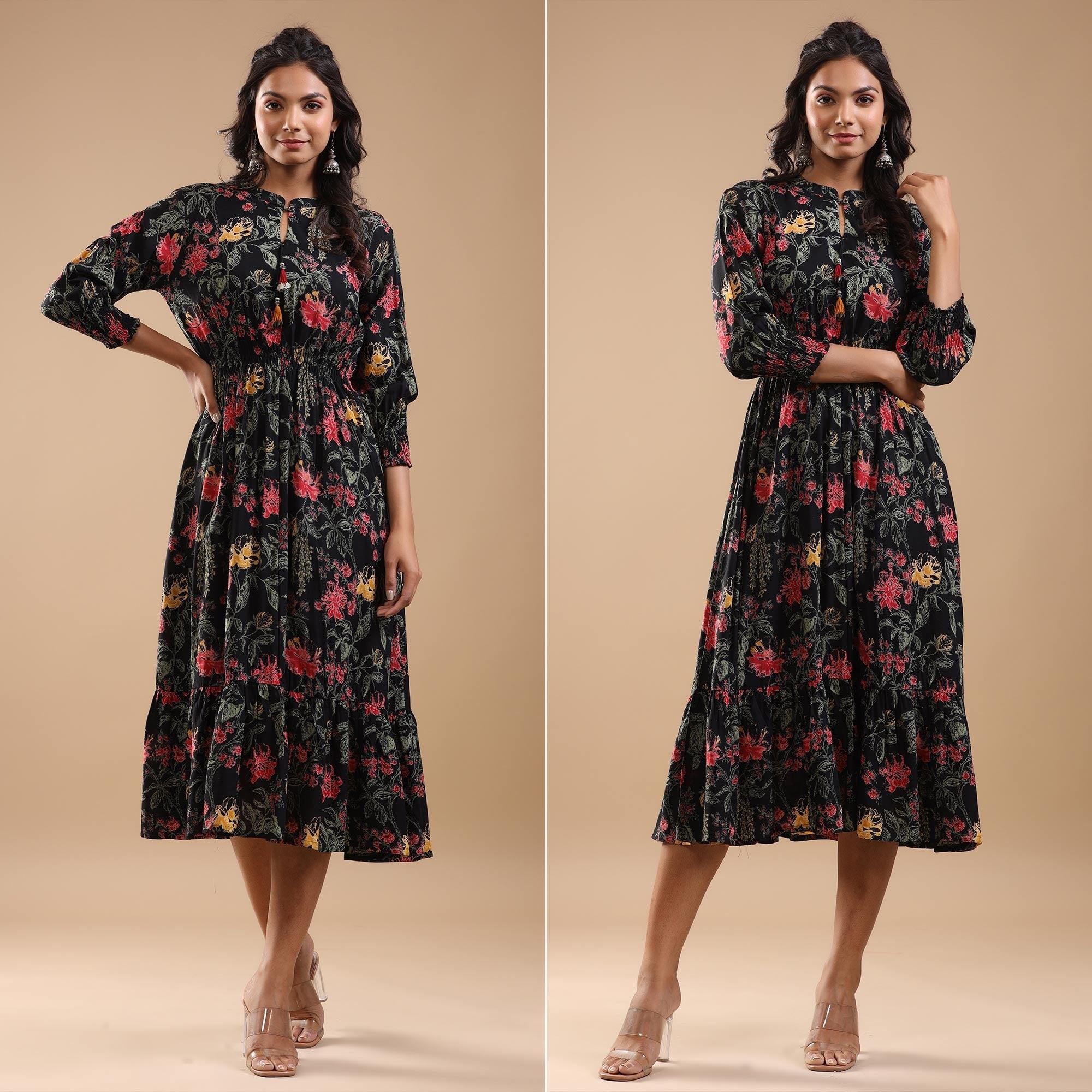 Black Floral Printed Pure Cotton Dress - Peachmode