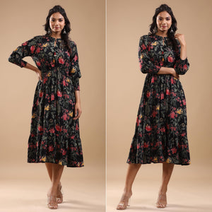 Black Floral Printed Pure Cotton Dress - Peachmode