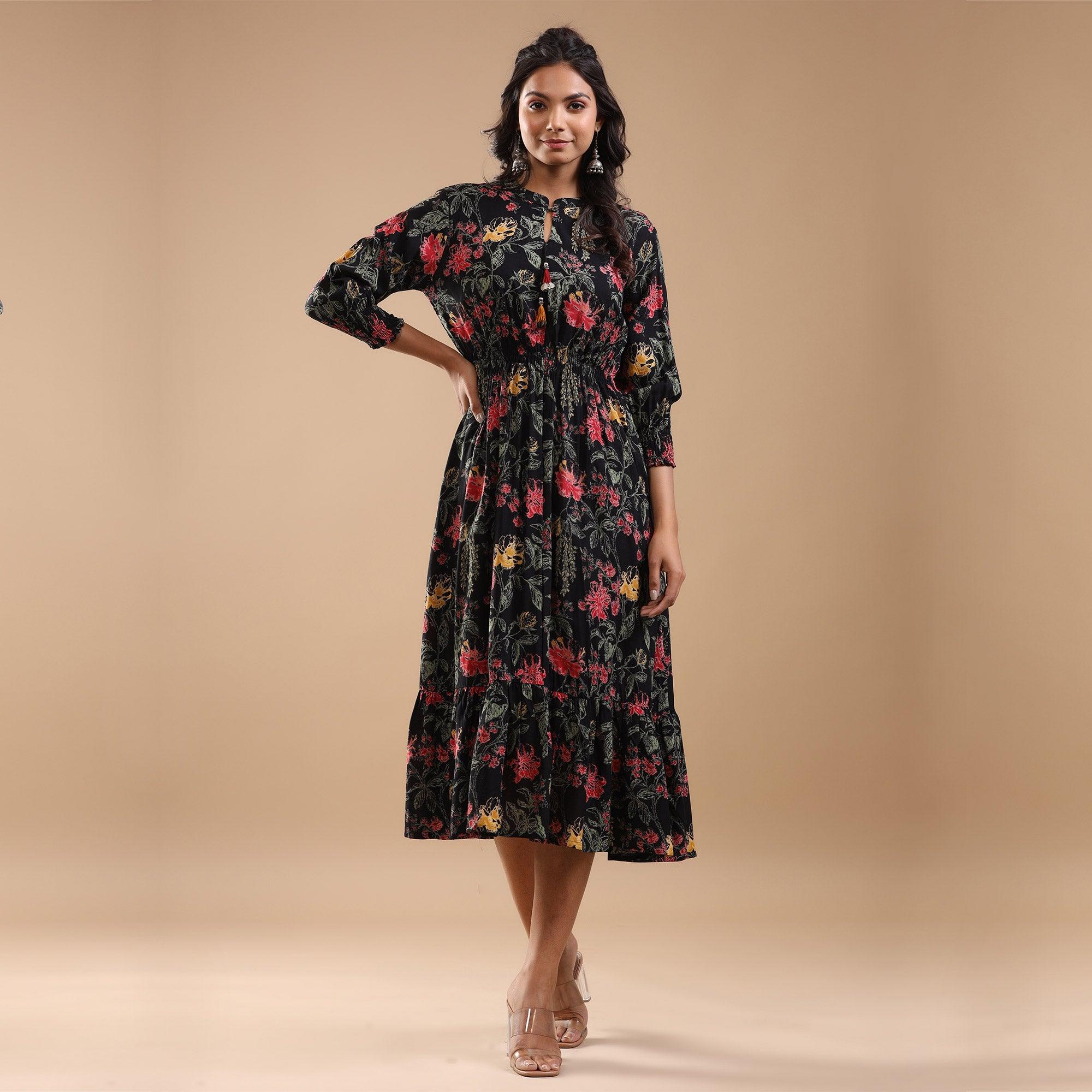 Black Floral Printed Pure Cotton Dress - Peachmode