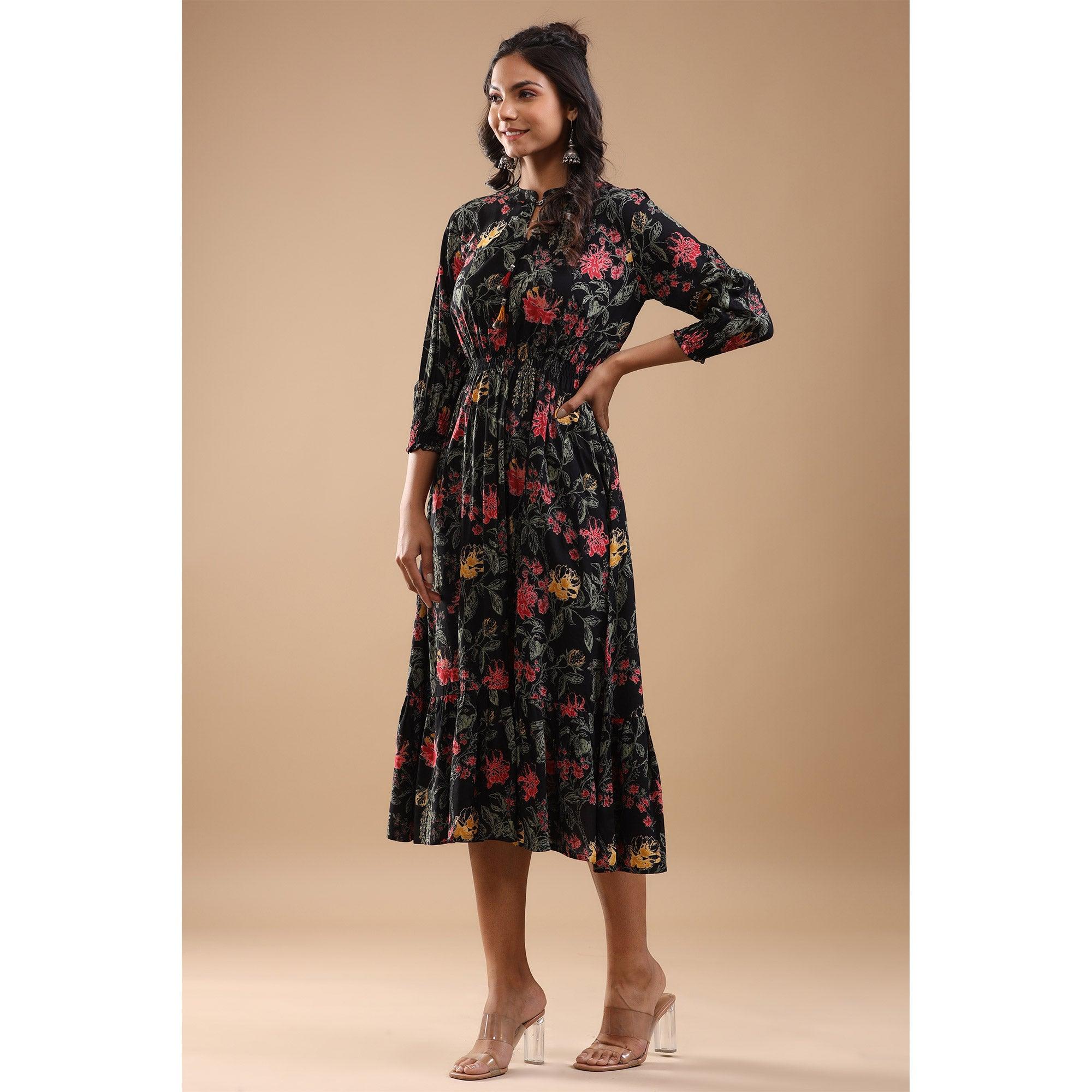Black Floral Printed Pure Cotton Dress - Peachmode
