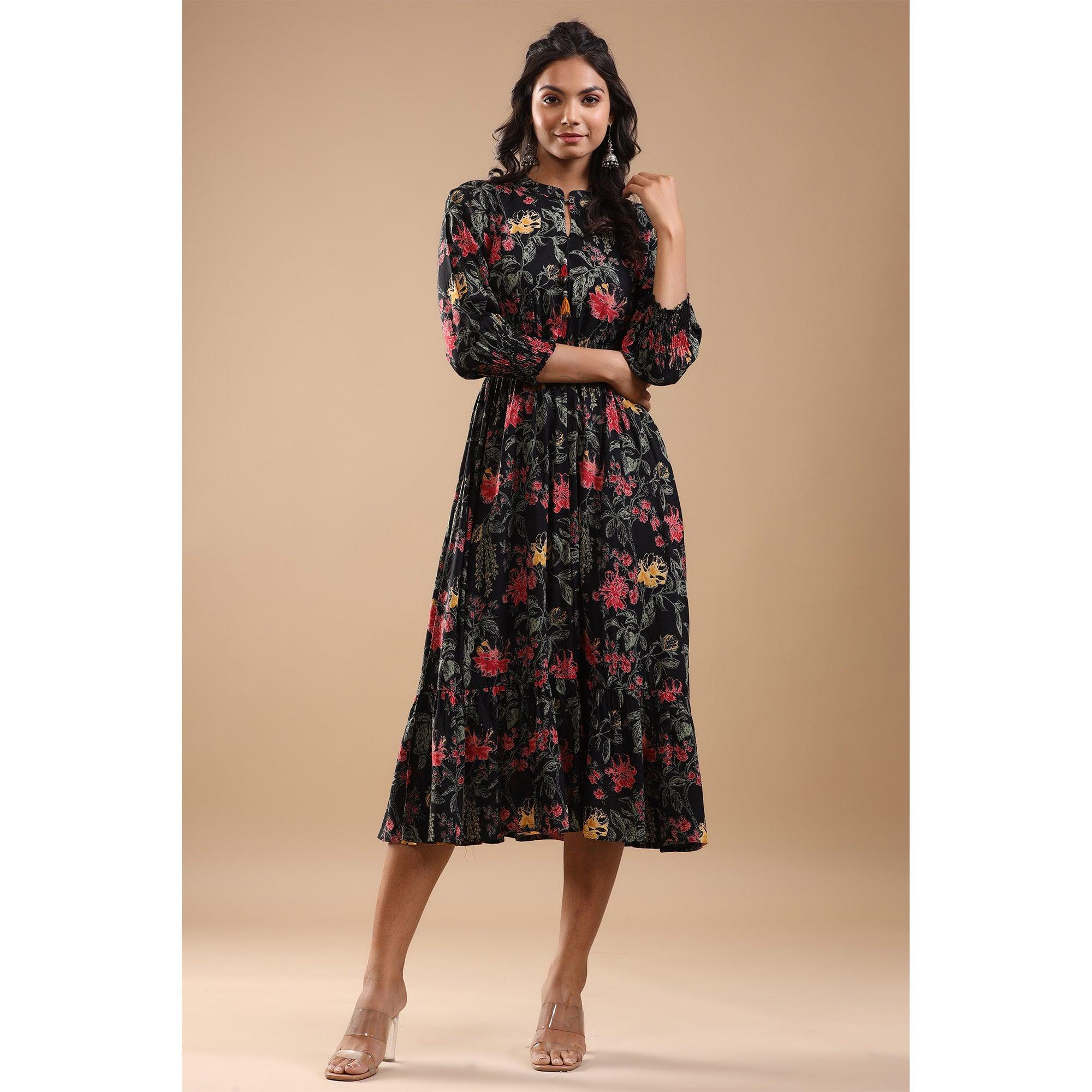 Black Floral Printed Pure Cotton Dress - Peachmode