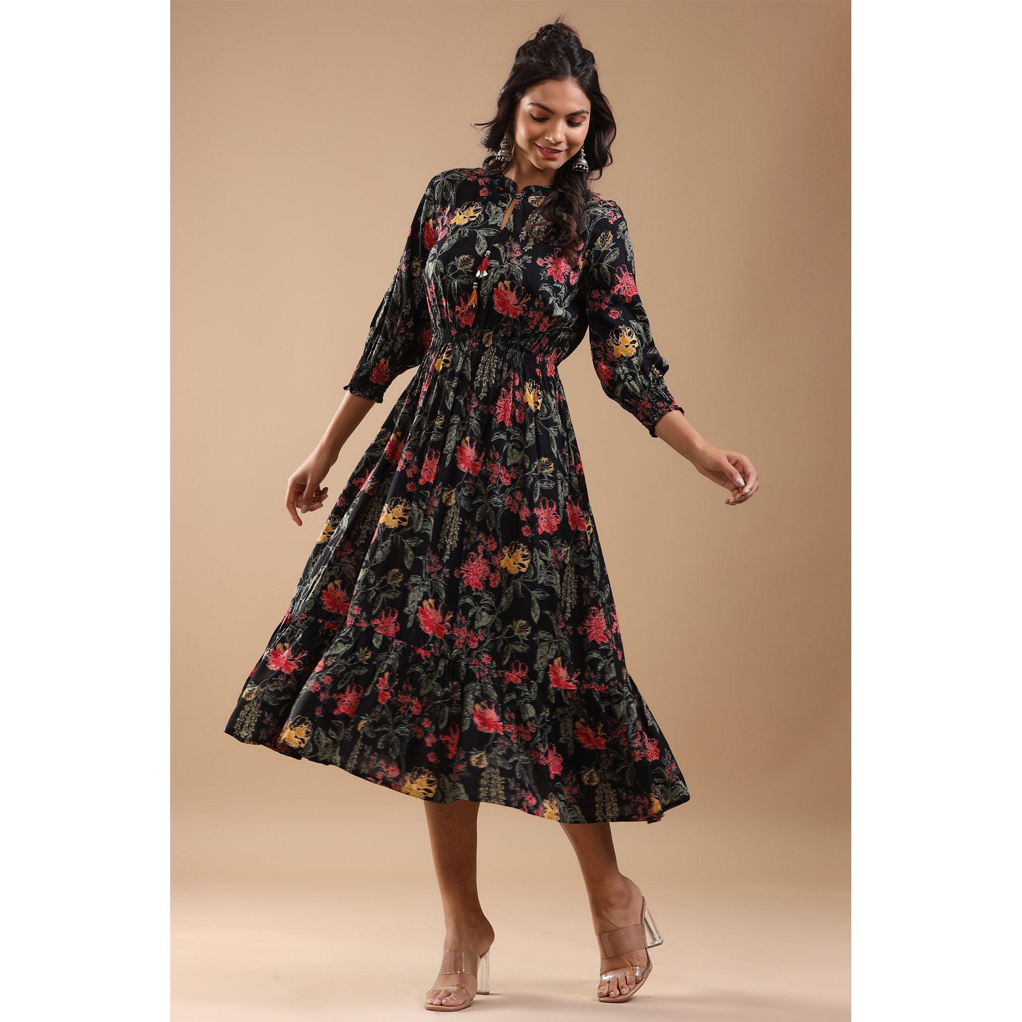 Black Floral Printed Pure Cotton Dress - Peachmode