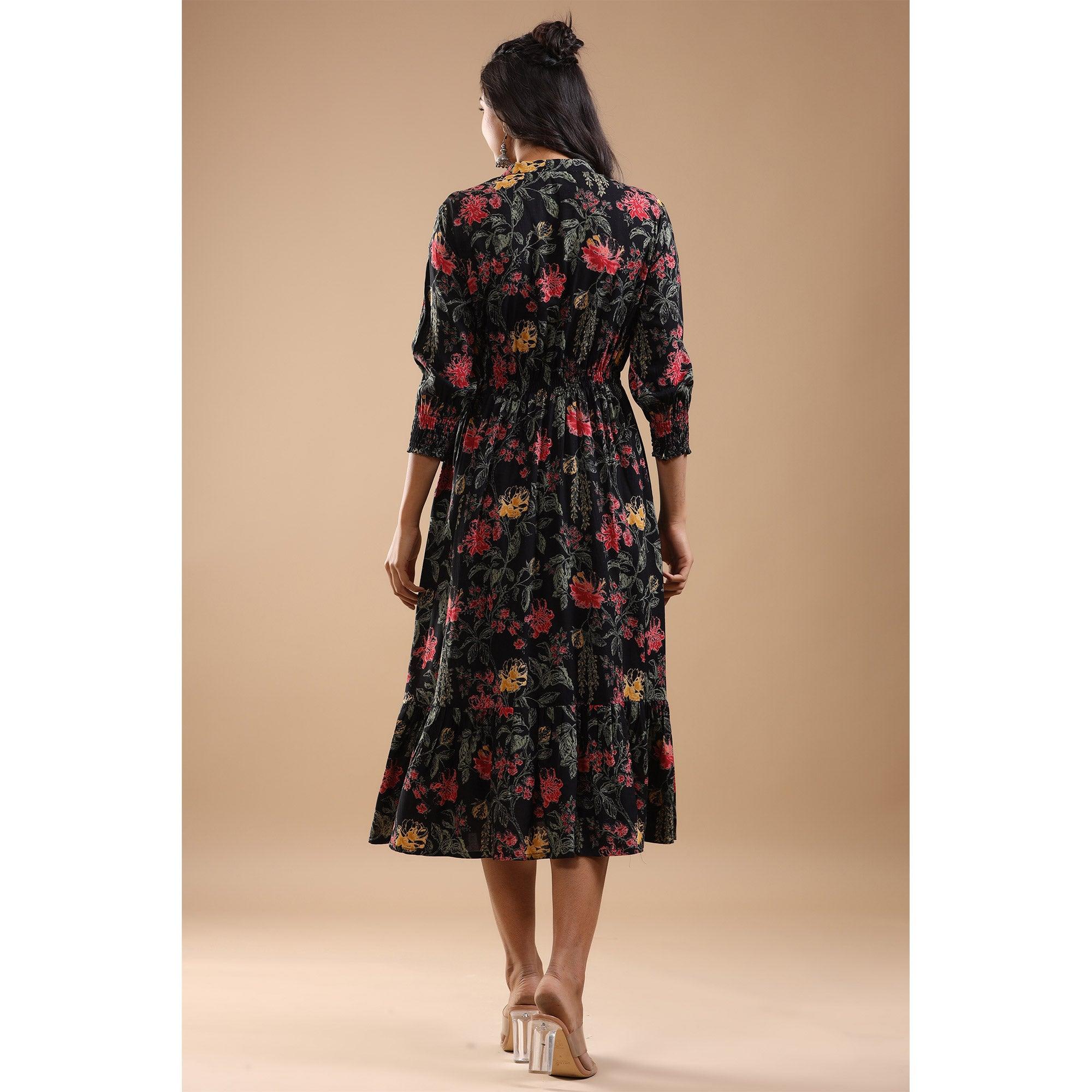 Black Floral Printed Pure Cotton Dress - Peachmode