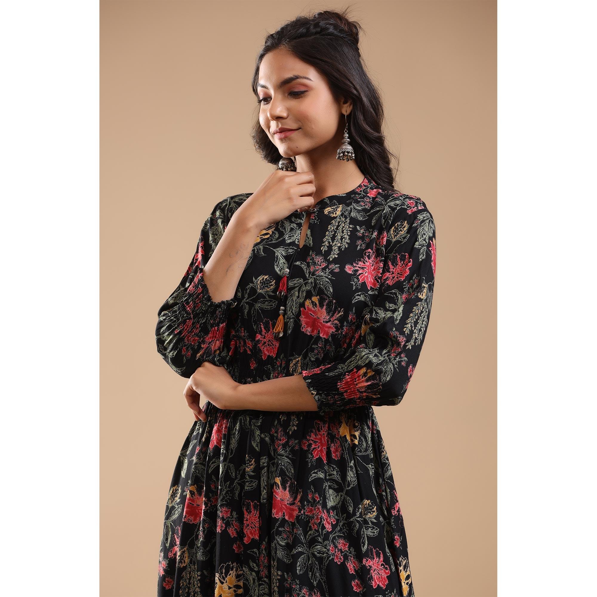 Black Floral Printed Pure Cotton Dress - Peachmode