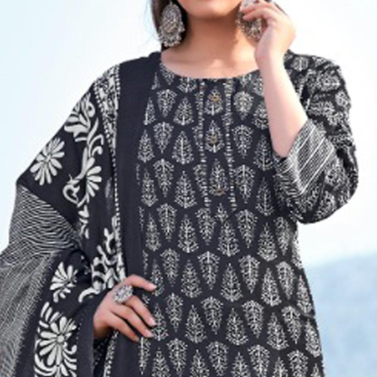 Black Floral Printed Pure Cotton Kurti Pant Set With Dupatta - Peachmode