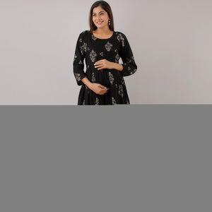 Black Floral Printed Rayon Maternity Kurti With Feeding Zip - Peachmode