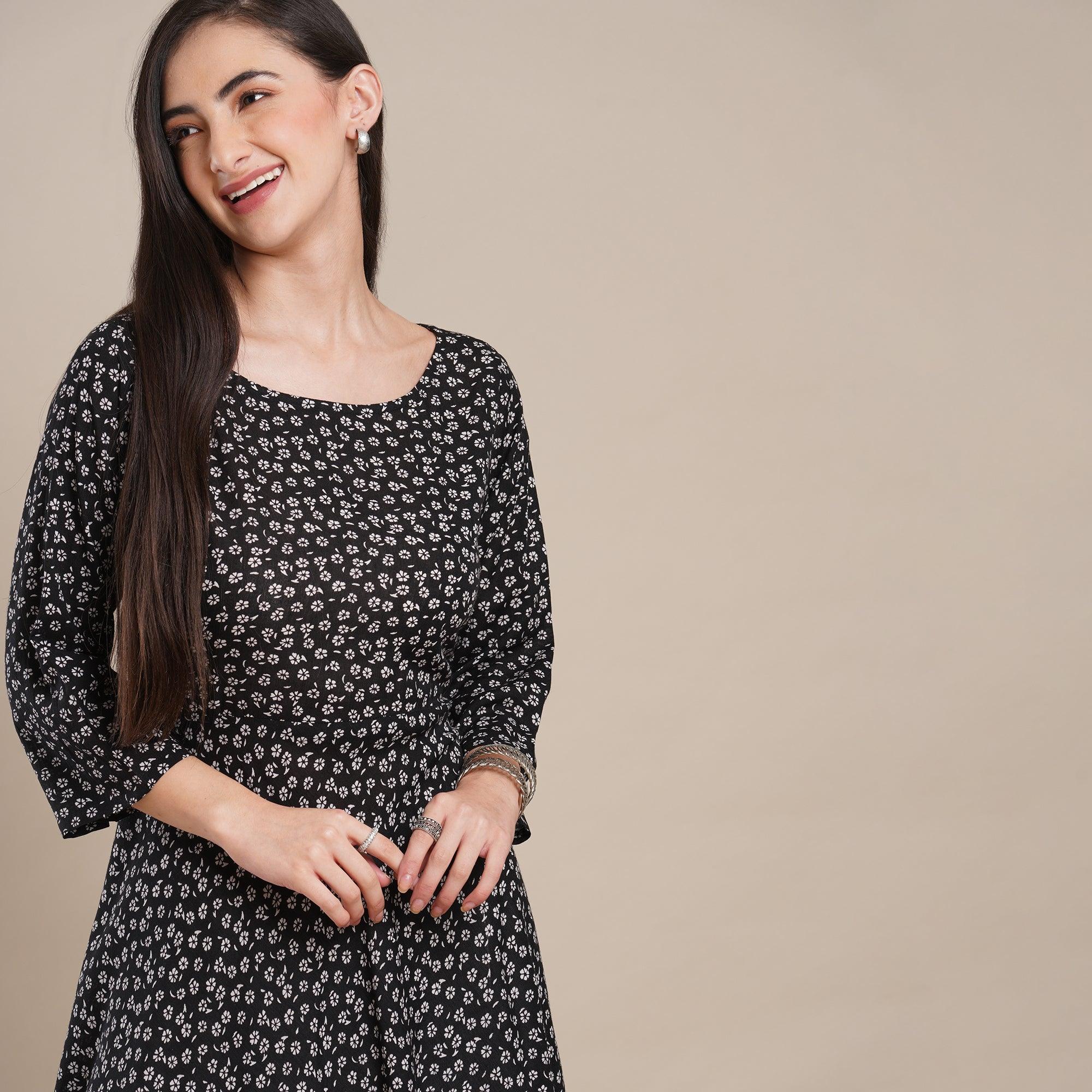 Black Floral Printed Rayon Top - Peachmode