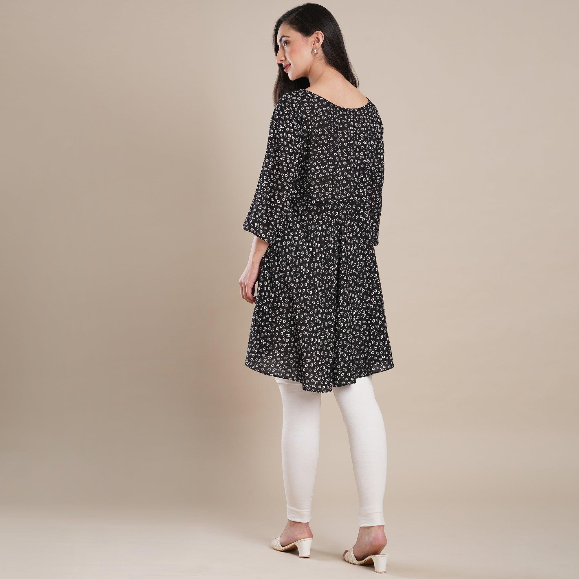 Black Floral Printed Rayon Top - Peachmode