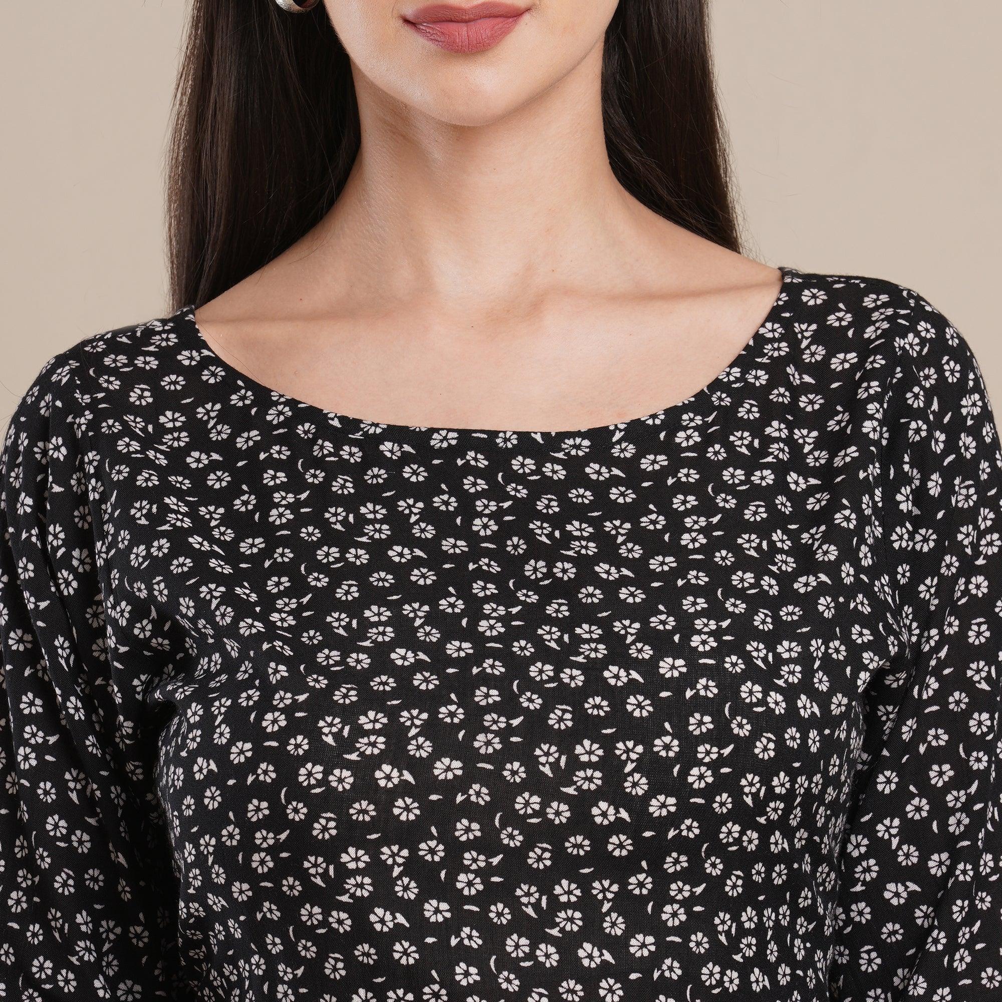 Black Floral Printed Rayon Top - Peachmode