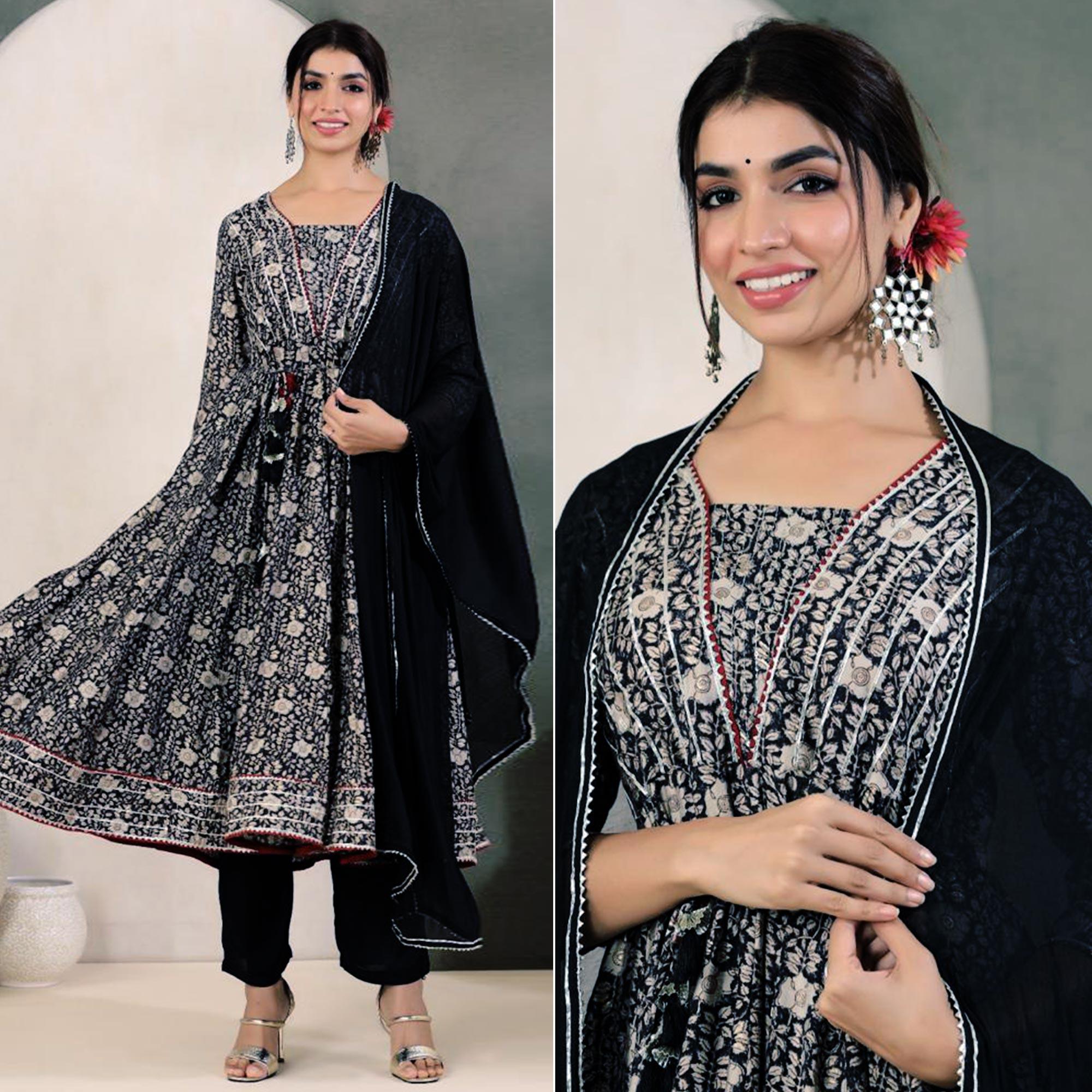Black Floral Printed With Gota Work Muslin Anarkali Suit - Peachmode