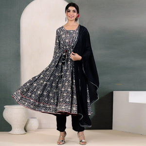 Black Floral Printed With Gota Work Muslin Anarkali Suit - Peachmode