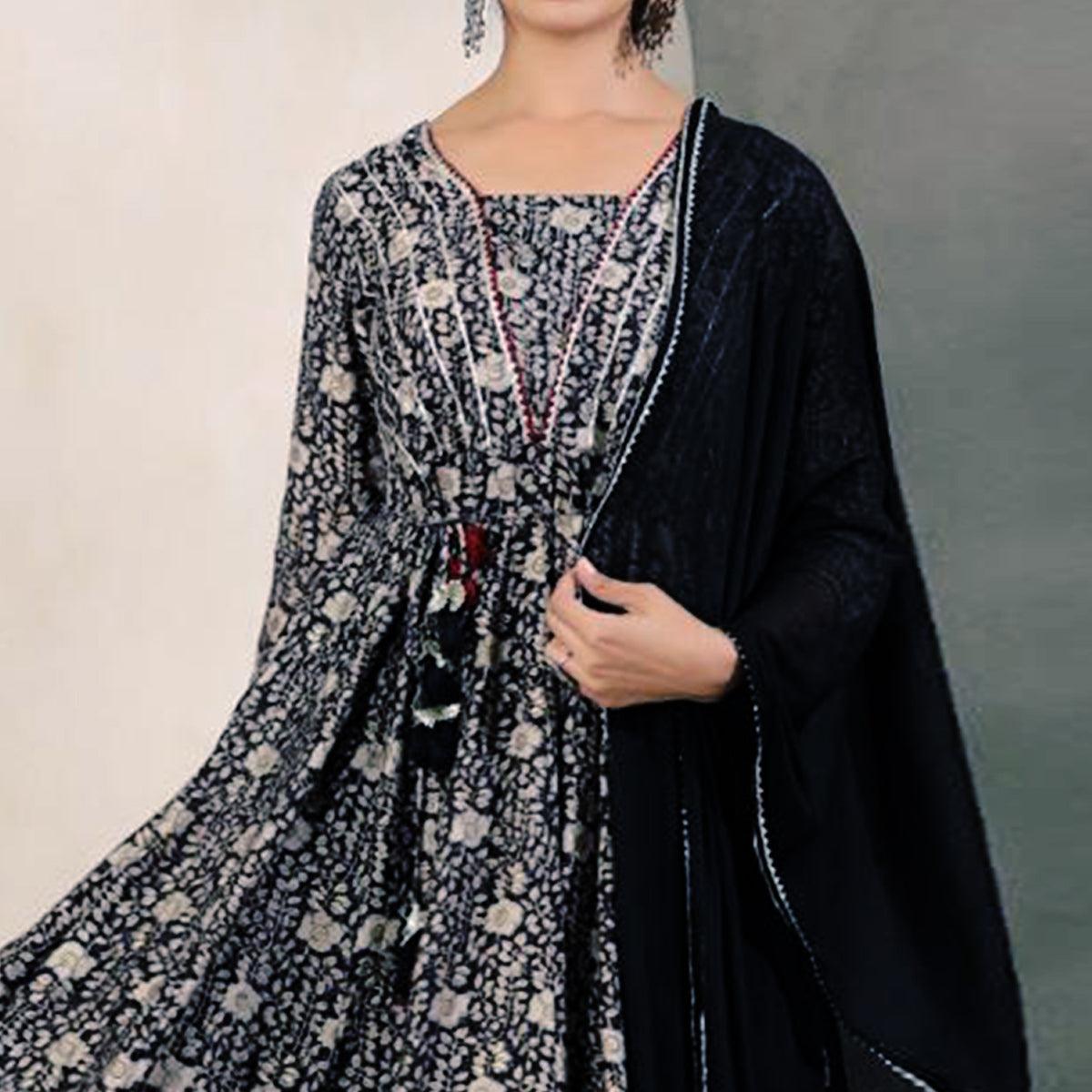 Black Floral Printed With Gota Work Muslin Anarkali Suit - Peachmode