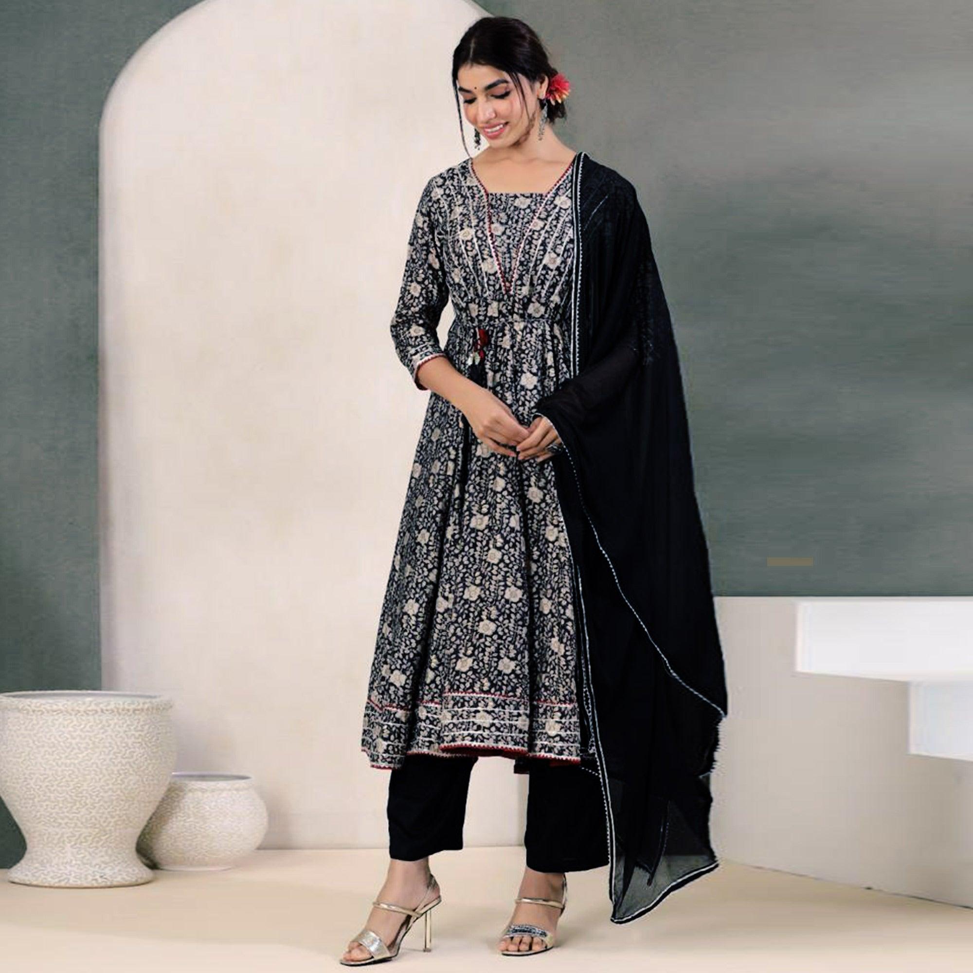 Black Floral Printed With Gota Work Muslin Anarkali Suit - Peachmode