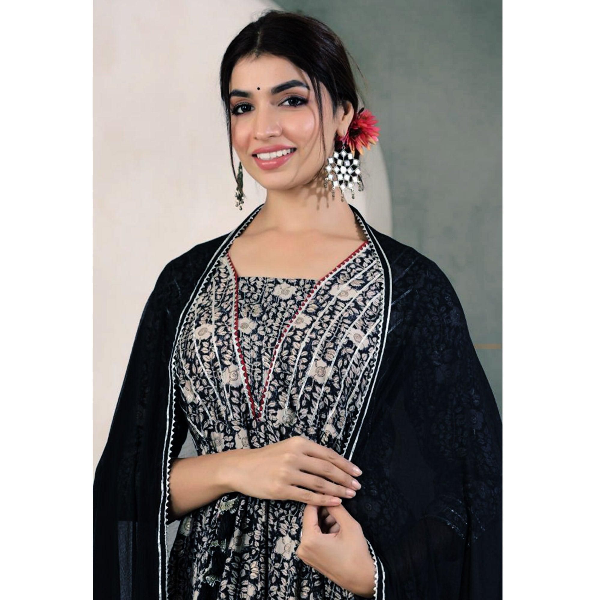 Black Floral Printed With Gota Work Muslin Anarkali Suit - Peachmode