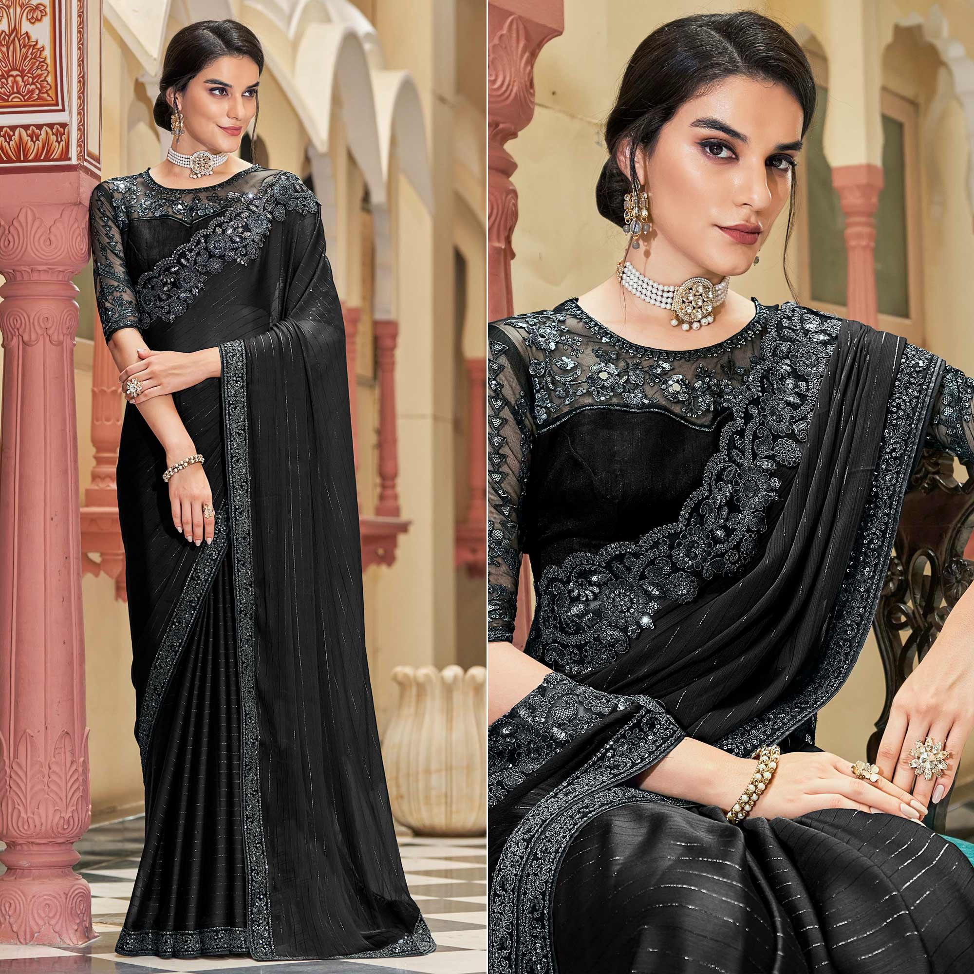 Black Floral Sequence Embroidered Art Silk Saree - Peachmode