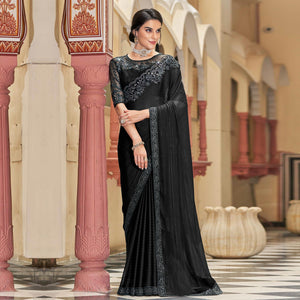 Black Floral Sequence Embroidered Art Silk Saree - Peachmode