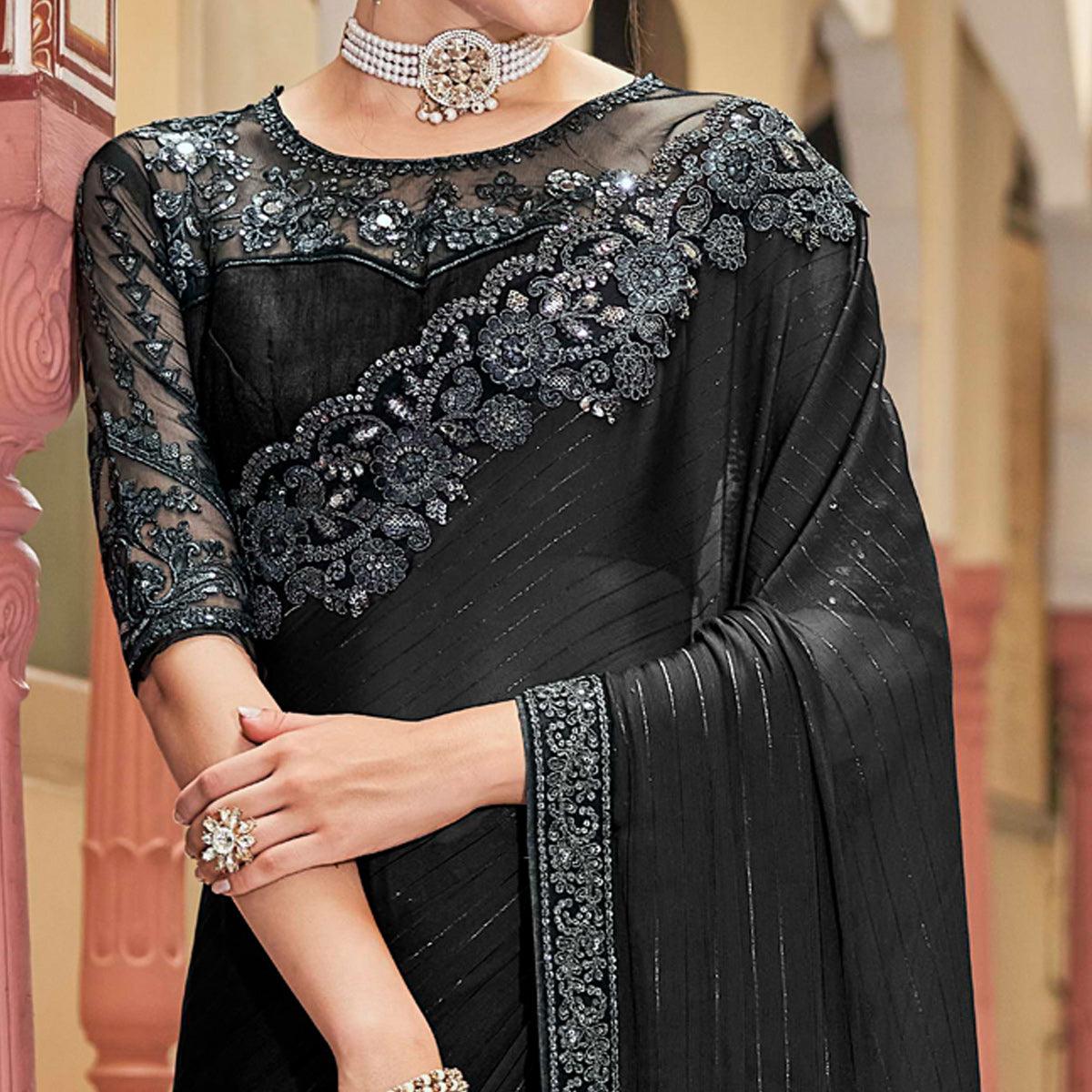 Black Floral Sequence Embroidered Art Silk Saree - Peachmode