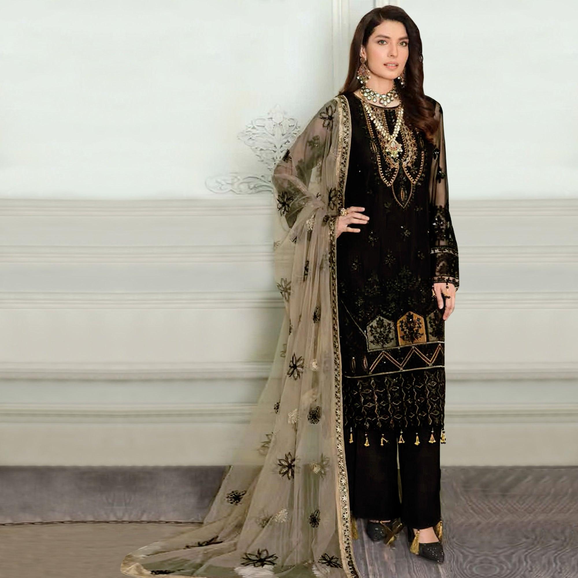 Black Floral Sequence Embroidered Georgette Pakistani Suit - Peachmode