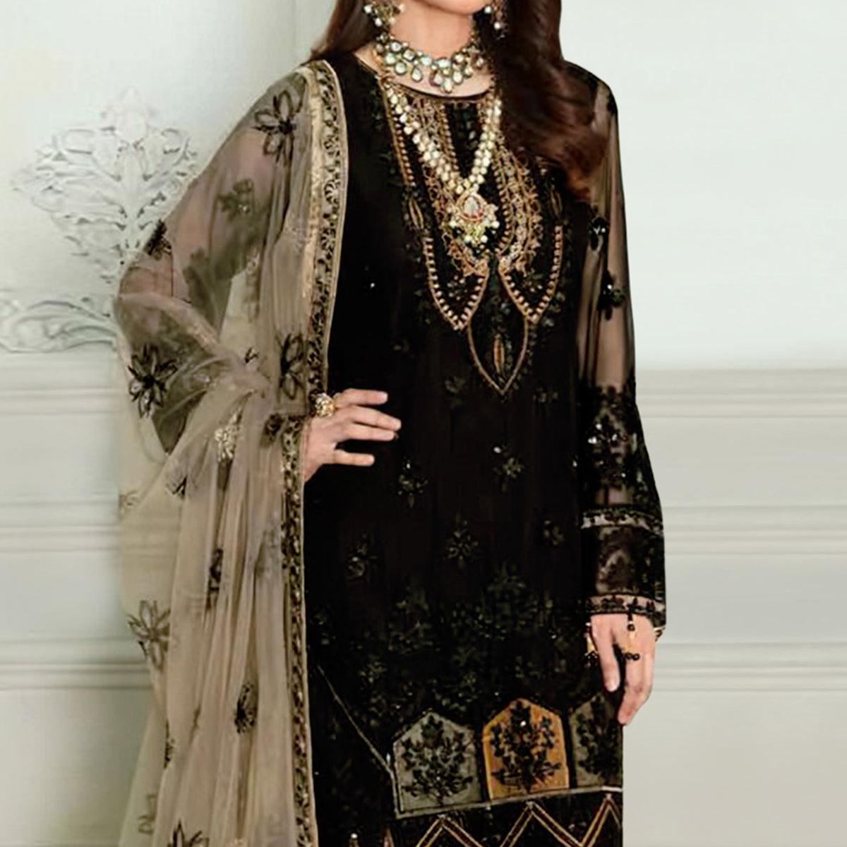 Black Floral Sequence Embroidered Georgette Pakistani Suit - Peachmode