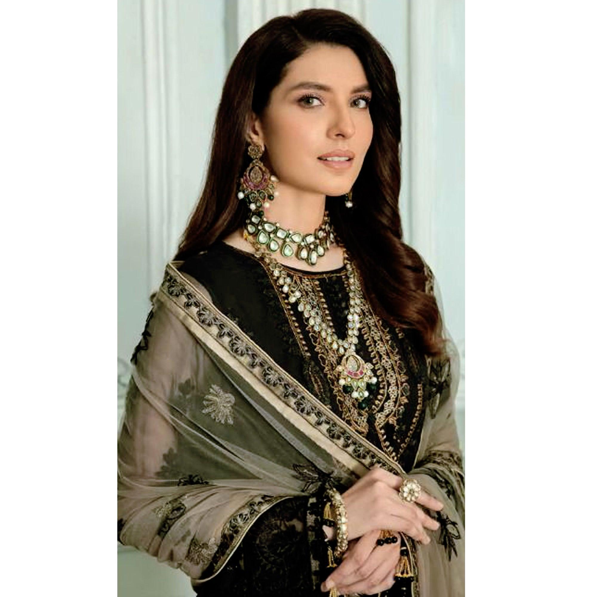 Black Floral Sequence Embroidered Georgette Pakistani Suit - Peachmode