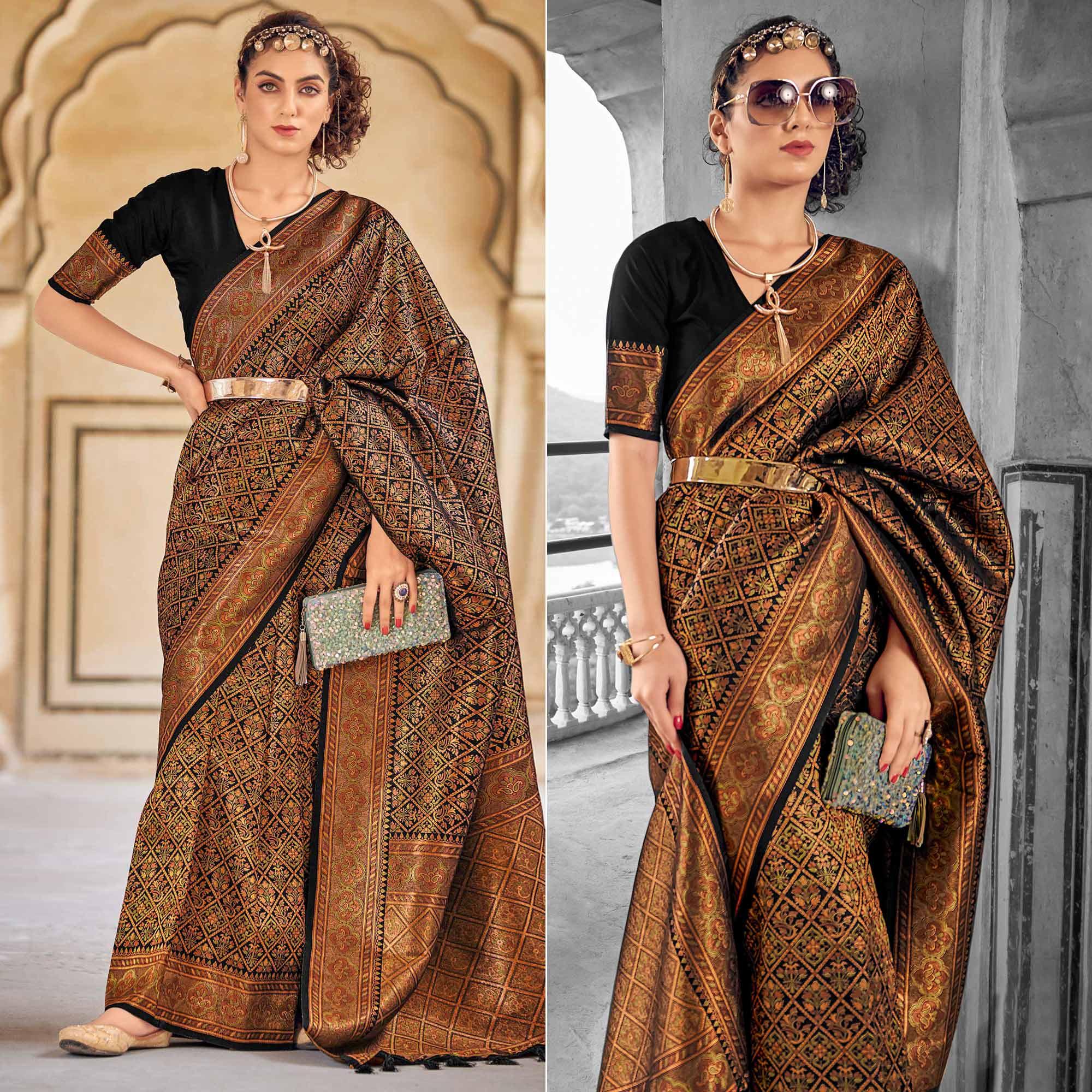 Black Floral Woven Art Silk Saree - Peachmode