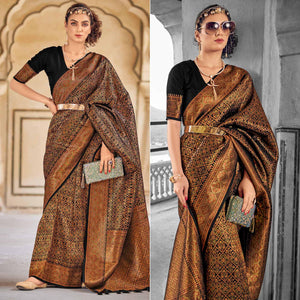 Black Floral Woven Art Silk Saree - Peachmode