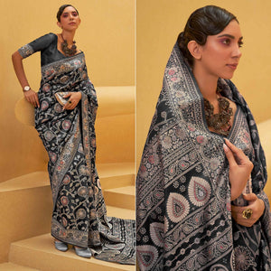 Black Floral Woven Art Silk Saree - Peachmode