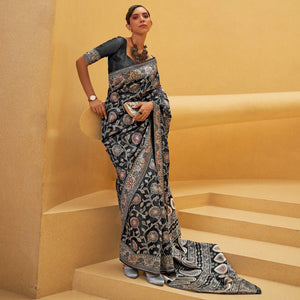Black Floral Woven Art Silk Saree - Peachmode