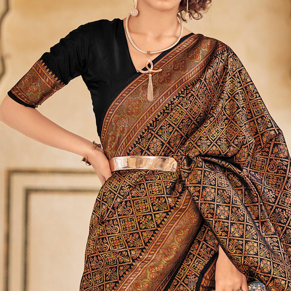 Black Floral Woven Art Silk Saree - Peachmode