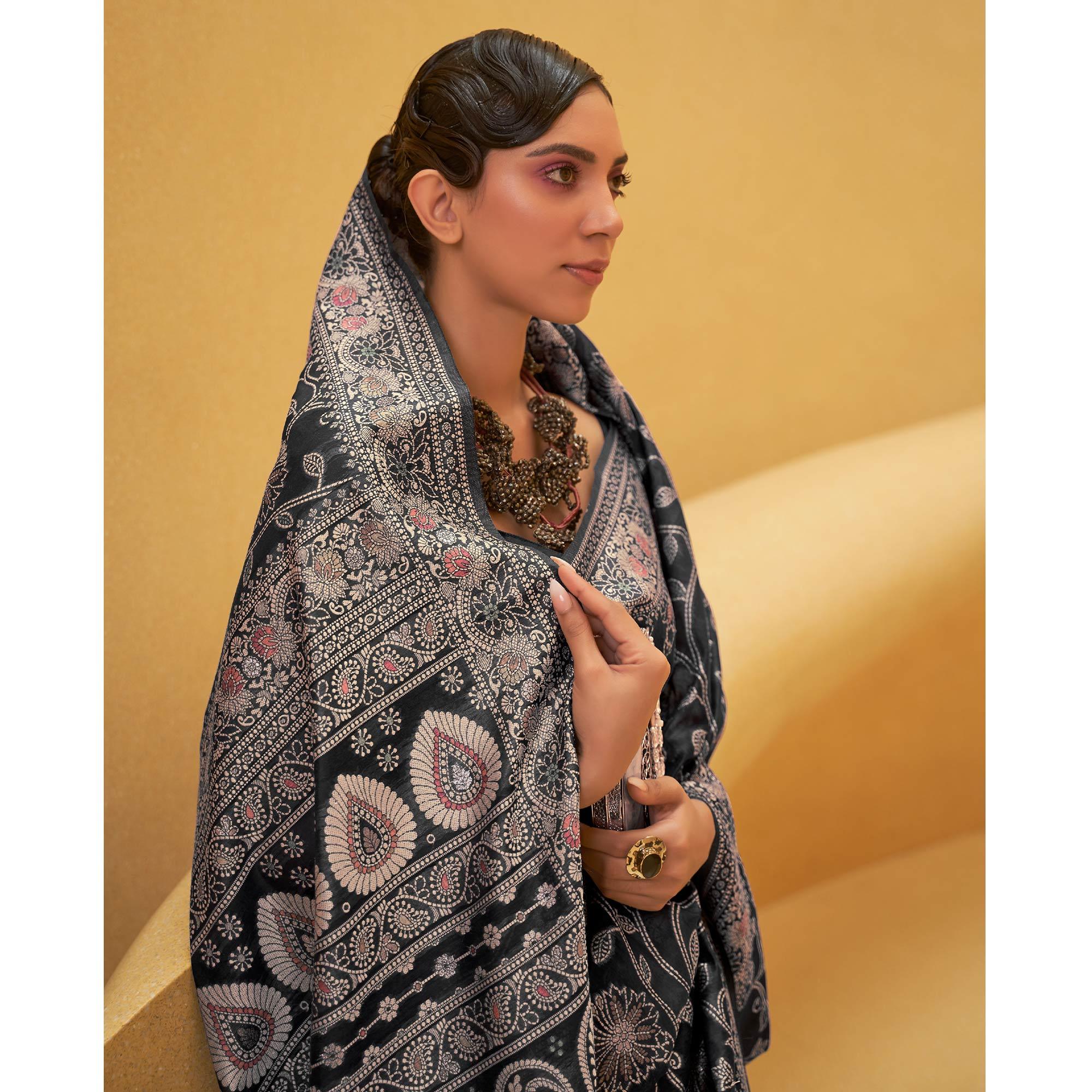 Black Floral Woven Art Silk Saree - Peachmode